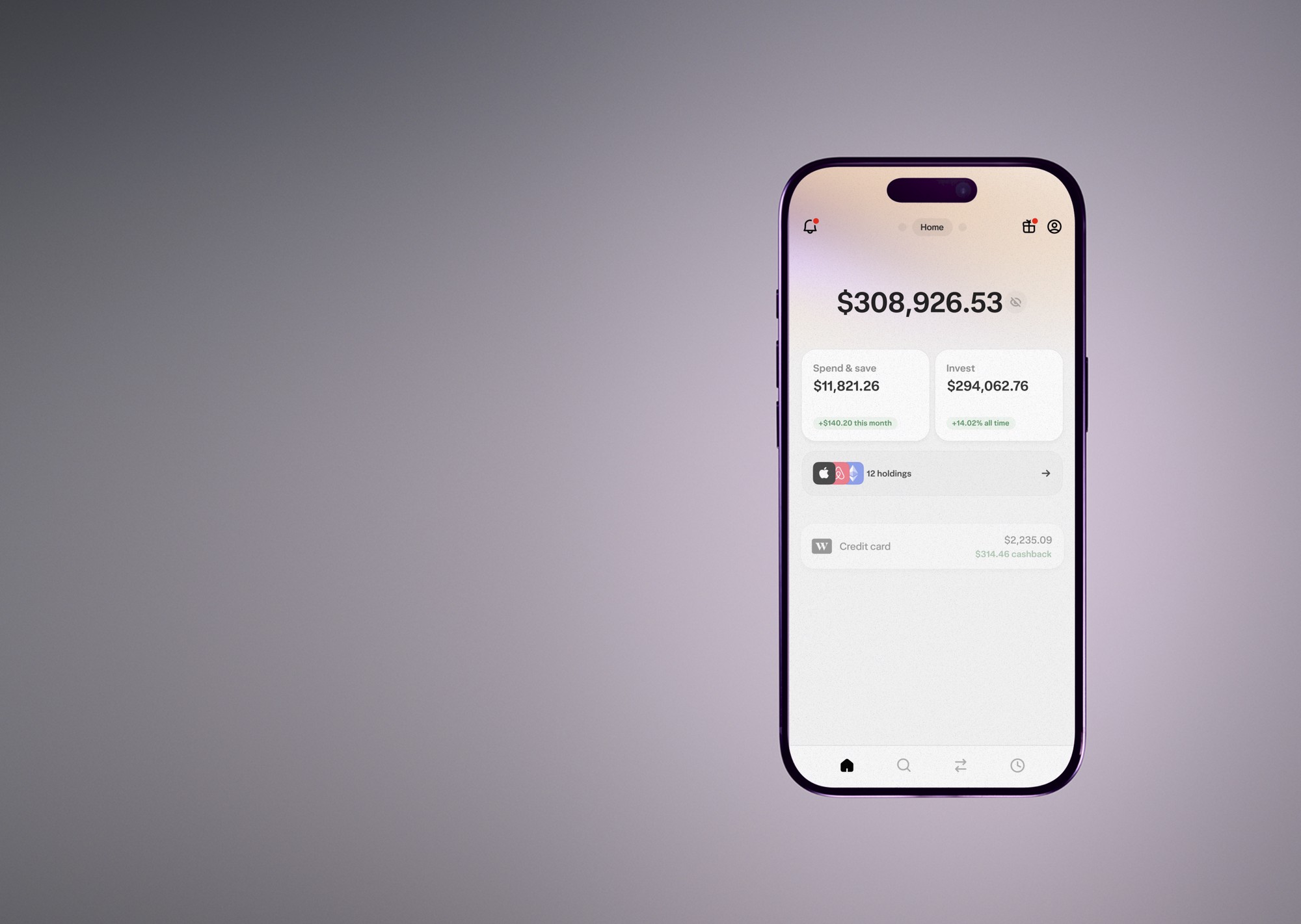 A phone displaying UI of Wealthsimple's app, displaying how much you're spending, saving, and investing.
