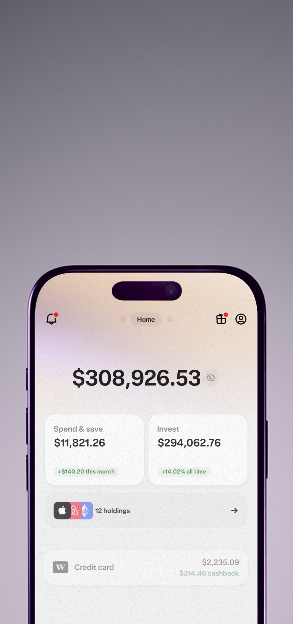 A phone displaying UI of Wealthsimple's app, displaying how much you're spending, saving, and investing.